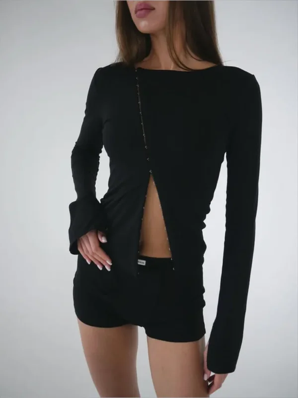 Fashion Single Breasted Shirt Women Casual Lady Solid Long Sleeve Hollow-out Split Bodycon Top 2026 Spring Daily Highstreet Tops