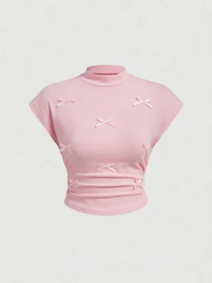 S206d1a396f414c60a0ad8e0d666f91ffJ.webp New Solid Color Three-dimensional Bow Half High Neck Flying Sleeve Temperament Slim-fit Summer Women's T-shirt