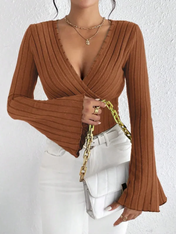 S20faf8f68548454d8ec147f8d4a4c575Q.webp Women's V-neck Long-sleeved Slim Fit Striped T-shirt Knitted Bottoming Shirt for Fall And Winter Sexy Knit Top