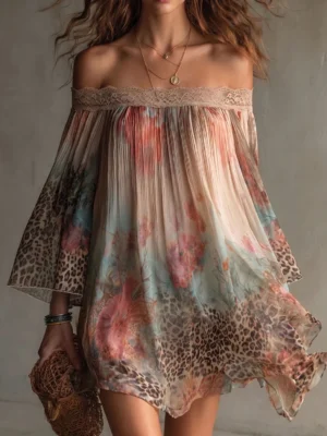 Casual Long Sleeve Chiffon Dress Vintage One-shoulder Lace Spliced Short Dress Summer Elegant Leopard Printed Pleated Mini Dress