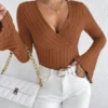 S2226fd8c606b49998f0cb91ffdf74277U.webp Women's V-neck Long-sleeved Slim Fit Striped T-shirt Knitted Bottoming Shirt for Fall And Winter Sexy Knit Top