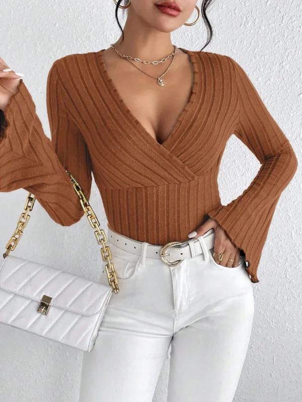 S2226fd8c606b49998f0cb91ffdf74277U.webp Women's V-neck Long-sleeved Slim Fit Striped T-shirt Knitted Bottoming Shirt for Fall And Winter Sexy Knit Top