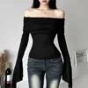 S229cbf98f0c045c186862bf748d6ba33K.webp Y2k Aesthetic Simple Fashion Women's Tee Shirts Slash Neck Long Sleeve Solid Casual T-Shirts Vintage Off Shoulder Trendy Tshirts