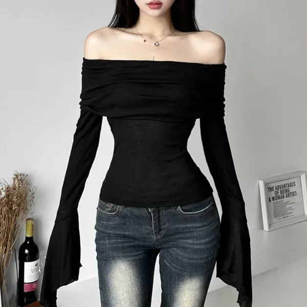 S229cbf98f0c045c186862bf748d6ba33K.webp Y2k Aesthetic Simple Fashion Women's Tee Shirts Slash Neck Long Sleeve Solid Casual T-Shirts Vintage Off Shoulder Trendy Tshirts