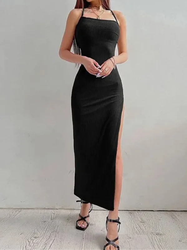 S23b60895e39141538fec291bb9620b3c3.webp Sexy Black Long Bodycon Dress Women Summer Sleeveless Blackless Halter Neck Spaghetti Strap Dresses High Split Vestidos
