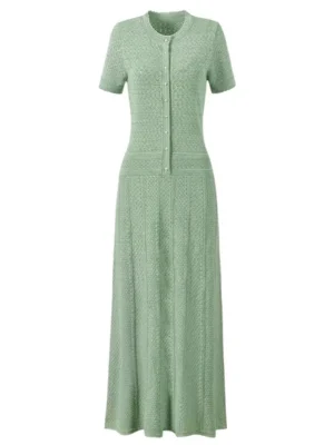 S243312596b1e466e8fe3372bfdaa2bfc5.webp High Quality Elastic Knitted New Fashionable Round Neck Short Sleeved Shiny Silk Pearl Button Slim Fit Temperament Women's Dress