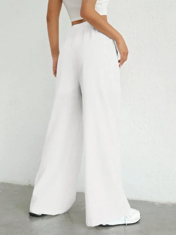 Women's Solid Color Loose Wide Leg Pants Casual Drawstring Straight Pants Pocket Casual Pants Trousers Loose High Waisted Pants