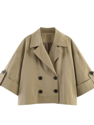 S28181248d0434f78877f72531b763eb7U.webp Women's Short Trench Coat New 2026 Spring Autumn Women Rolled-Up Sleeves Button Solid Color Elastic Waist Outerwear Female Tops