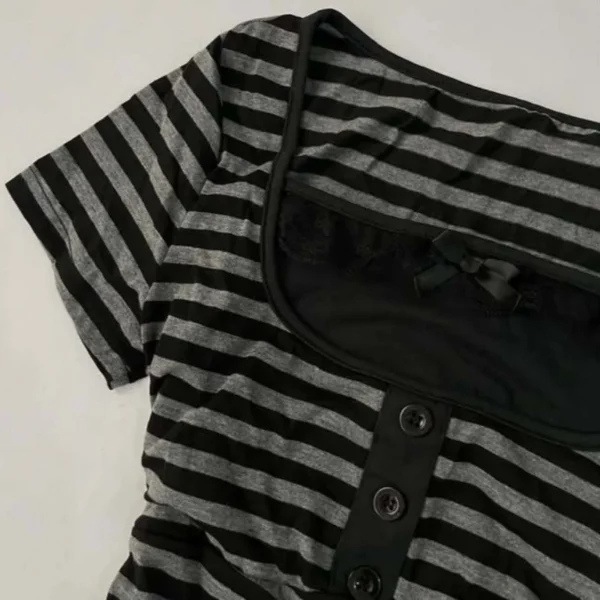 S2ad78bb542d14fd8a1aa5de005c37402L.webp Gothic Harajuku Y2K Women's Crop Top Casual Slim Fit Striped Lace Bow Button Design Short Sleeve T-Shirt Chic Trendy Streetwear