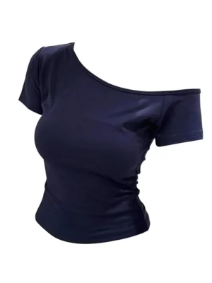 S2bc3b769cb24402fa8ee813f05dd58c25.webp Summer Off shoulder Top Women Slim fit Body Summer Short sleeve T shirt One shoulder Female Sexy Basic Tees Korean Chic