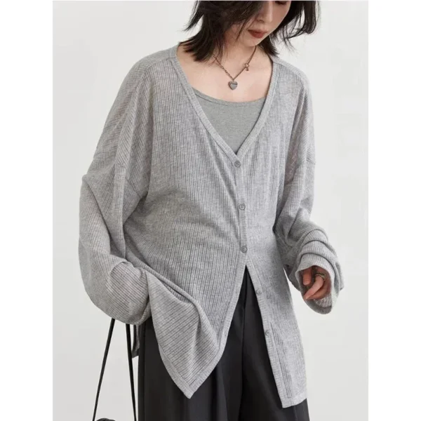 S2e4051a4a8ed4be19a0fc14fc6dd2d12d.webp Women's Cardigan New V-neck Long Sleeved Female Shirt Female Jumpers Sun Protection Woman Top Spring Summer Knitted Cardigan