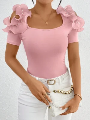 S2e8d4b96003e4669967acb2816491092W.webp Fashionable ruffled T-shirt for women, short-sleeved, summer chic top, tight and slimming, elegant little shirt trend