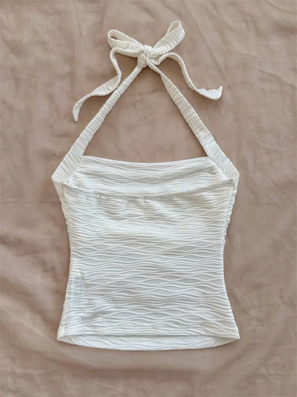 Wave Pattern Solid Color Halter Crop Top for Women Summer Sexy Ruched Waist Backless Cami Top Tank Top Streetwear Y2k Clothes