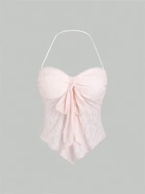 Bow knot Lace Halter Top for Women Summer Sexy Floral Pattern Off the Shoulder Backless V-neck Crop Top Y2K Clothes