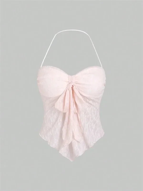 Bow knot Lace Halter Top for Women Summer Sexy Floral Pattern Off the Shoulder Backless V-neck Crop Top Y2K Clothes