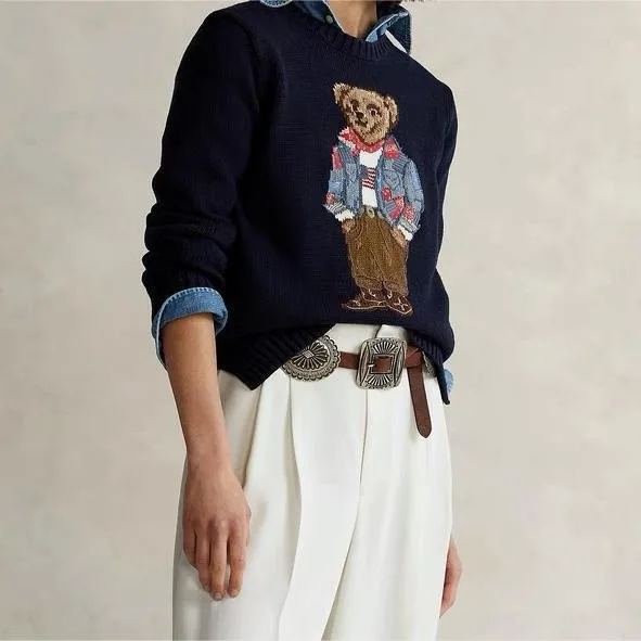 S3572eb36c968483cb79b60d6c07c2f0cW.webp Classic Embroidered Bear Cotton Knitwear Loose Fit round Neck Versatile Autumn Winter Women's Fashion Street Style Sweater