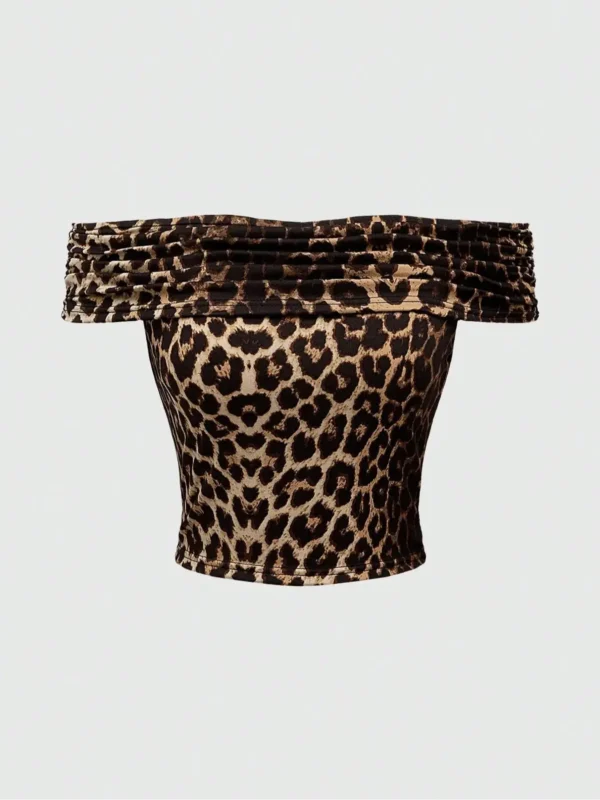 S35c0b62a345d4e0088266a82f3768c89a.webp Ladies Leopard Print Ruffle Shoulder T-Shirt Casual Short Style Top for Daily Holiday Vacation Outdoor Activities