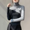 S361bd9fd53b4491b908b80cb64476a20M.webp Luxurious Bodycon Office Lady T-Shirts Winter New Slim Sweater Women Panelled Bottom Layer Long Sleeve Elegant Comfortable Tops