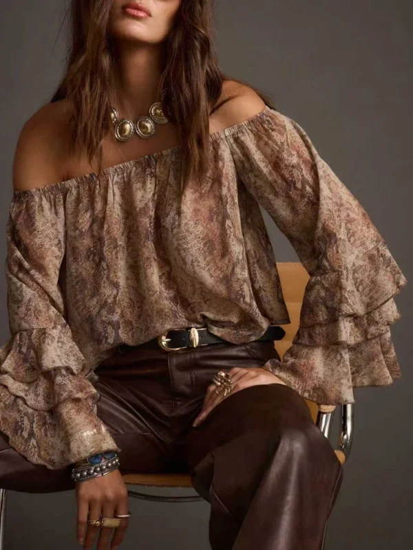 S364f456214f54ba79c045a2d761fa8c47.webp New Summer Women's Casual Printed Off-the-Shoulder Chiffon Blouse: Elegant Color-Blocking, Resort Style, Perfect for Summer