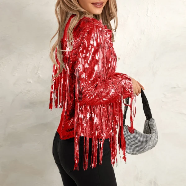 S37a380fba3c44bf0a94c1b59b26d5263f.webp 2025 New Fashion Women Disco Cowgirl Jacket Lightweight Casual Sequin Tassels Long Sleeves Cardigan Coat for Outwear Streetwear