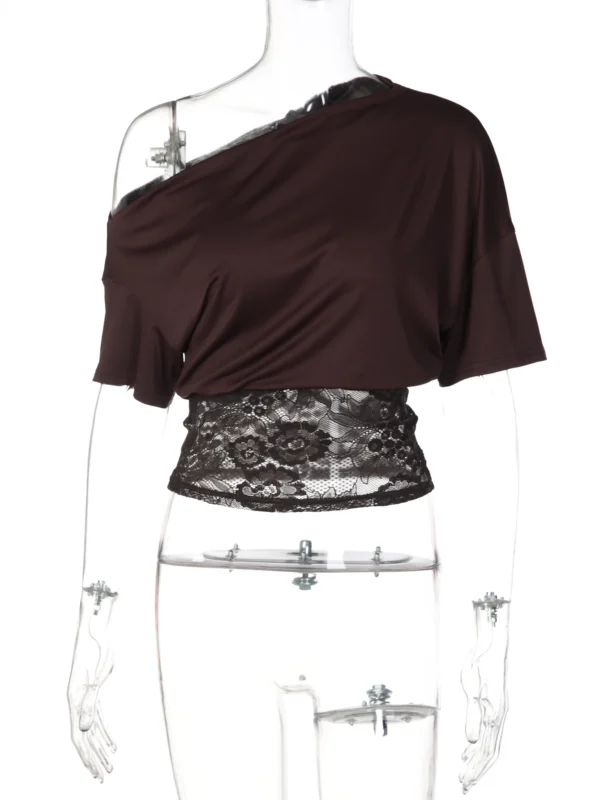 S38b1aea1dd6143b493ac871f552f321fg.webp Dulzura Inclined Shoulder Short Sleeve Slim Lace Patchwork T-Shirt Women'S Vintage Sexy Casual Y2K Top Party Club Summer Clothes