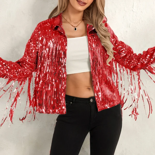 S38db87d151b7436697e991a1d71e774da.webp 2025 New Fashion Women Disco Cowgirl Jacket Lightweight Casual Sequin Tassels Long Sleeves Cardigan Coat for Outwear Streetwear
