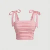 Solid Tie Shoulder Ruched Wide Strap Slim Fit Crop Top for Women Summer 2024 Y2K Clothes Pink Backless Cami Top Streetwear