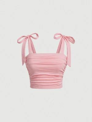 S3a612b4770624d7ea5461935c54e242aG.webp Solid Tie Shoulder Ruched Wide Strap Slim Fit Crop Top for Women Summer 2024 Y2K Clothes Pink Backless Cami Top Streetwear