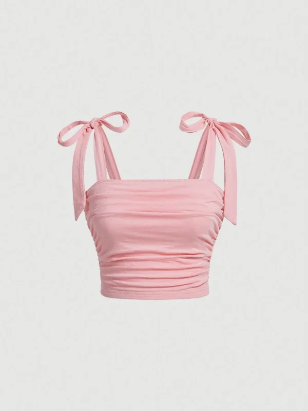 Solid Tie Shoulder Ruched Wide Strap Slim Fit Crop Top for Women Summer 2024 Y2K Clothes Pink Backless Cami Top Streetwear