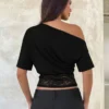 S3befb32e7e55448a828ddb745396ac78B.webp Dulzura Inclined Shoulder Short Sleeve Slim Lace Patchwork T-Shirt Women'S Vintage Sexy Casual Y2K Top Party Club Summer Clothes