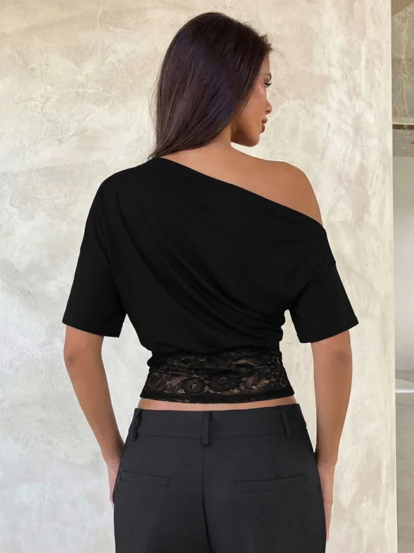 S3befb32e7e55448a828ddb745396ac78B.webp Dulzura Inclined Shoulder Short Sleeve Slim Lace Patchwork T-Shirt Women'S Vintage Sexy Casual Y2K Top Party Club Summer Clothes