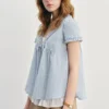 Blue Summer Women's irt V-ne Puffy Sve Loose Faionable ort-sved Knot Top Korean Sle Sweet Loose
