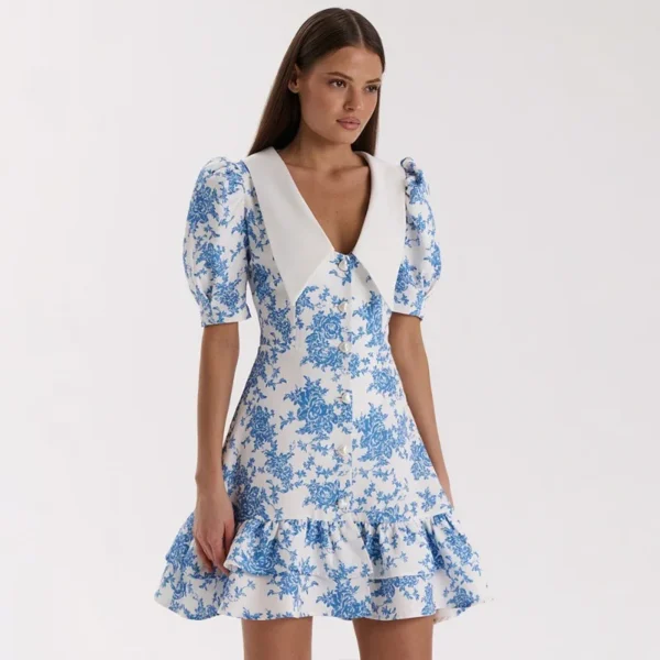 S41c7ae1acfcf48e8875f0f5cf566c822e.webp Talenza Elegant Ruffle Mini Dress Women Fashion Puff Sleeves Contrast Lapel New Dress Summer Party Women's Casual Dress Vestidos