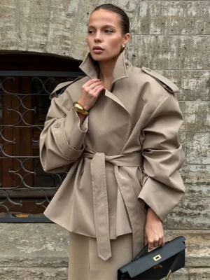 S42e8bb73f41c4192ac34223f860cb26fv.webp Fashion Lace Up Cropped Trench Coat 2026 Women Lapel Long Sleeves Wide Shoulder Windbreaker Jacket Lady Spring Commuting Outwear