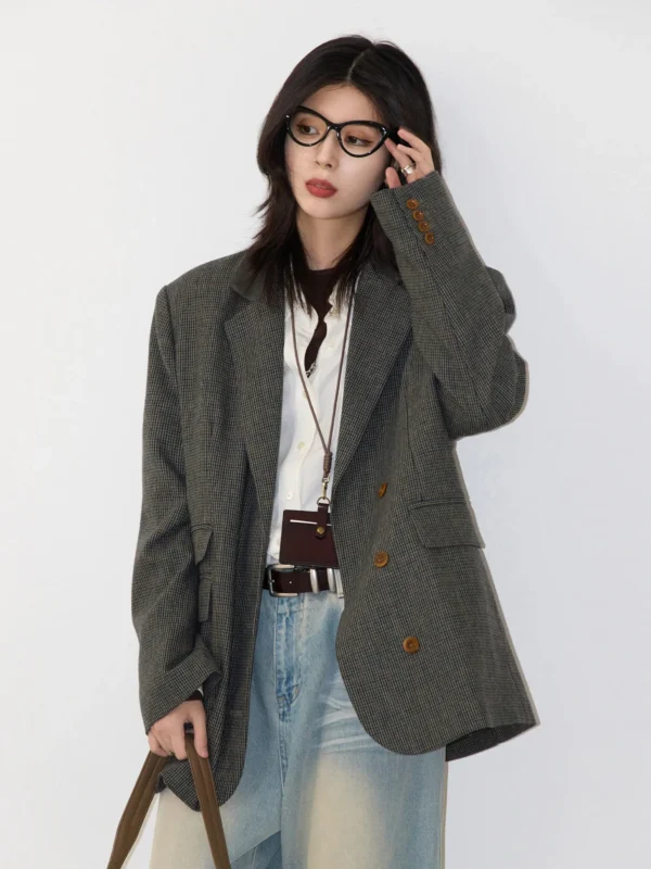 S46d6cb5371734ec783ac93af44b8b5d9n.webp CHIC VEN Women's Woolen Blazer Loose Retro Single Breasted Female Jacket Mid Length Plaid Coat for Woman Autumn Winter 2024