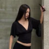 S46ec7c91e9b04efba397af620e61a2b06.webp Sexy Deep V Neck Lace Spliced Tie Waist Slim Half Sleeve Crop Tee For Women