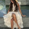 S484dc36858e4452eac2dfd75d13f5b82m.webp Women Solid Ruffle Maxi Dress Fashion Lapel V-neck Sleeveless Pleated High Waist Chic Dresses 2025 Summer Lady Vacation Robes