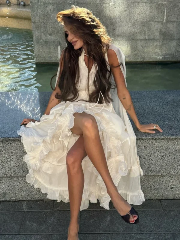 S484dc36858e4452eac2dfd75d13f5b82m.webp Women Solid Ruffle Maxi Dress Fashion Lapel V-neck Sleeveless Pleated High Waist Chic Dresses 2025 Summer Lady Vacation Robes