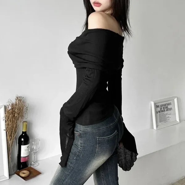 S48f05548061e464b8c2ea08c56f86fe6D.webp Y2k Aesthetic Simple Fashion Women's Tee Shirts Slash Neck Long Sleeve Solid Casual T-Shirts Vintage Off Shoulder Trendy Tshirts