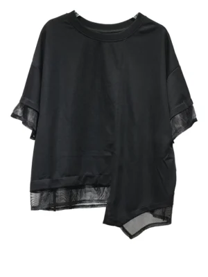 S49b71e92685544ec8bc2bfc524b8d79eW.webp Women Black Irregular Mesh Spliced Big Size T-shirt New Round Neck Short Sleeve Fashion Tide Spring Summer 2026