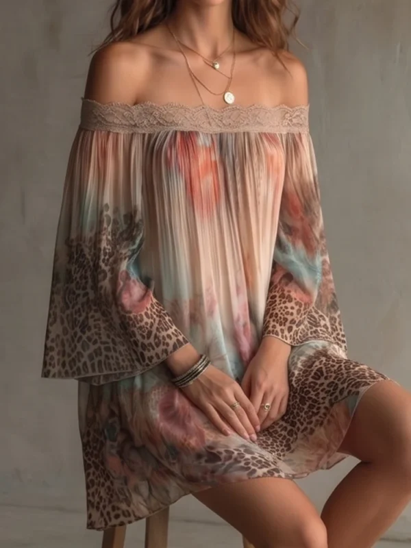 S4bcc9c0fbf754a539622374b546a80c9B.webp Casual Long Sleeve Chiffon Dress Vintage One-shoulder Lace Spliced Short Dress Summer Elegant Leopard Printed Pleated Mini Dress