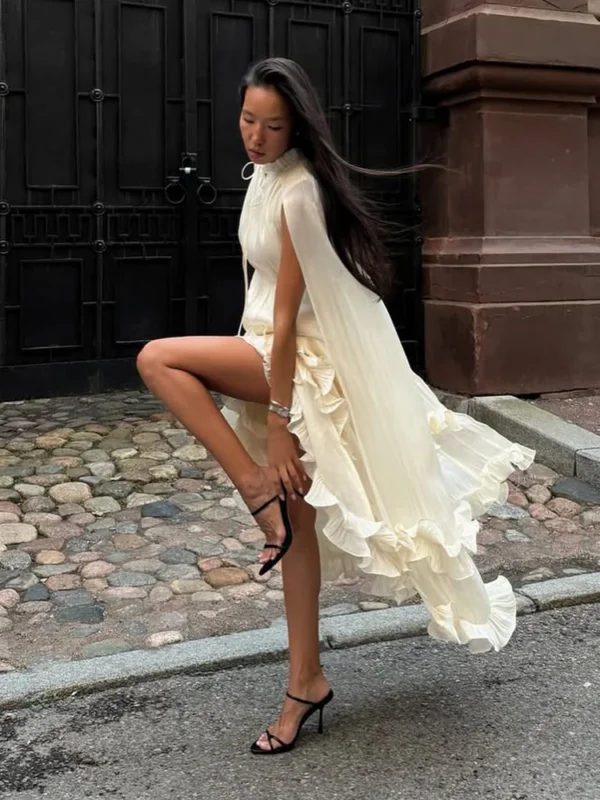 S4d0776b6be4a41e2998607b92e3c71ebt.webp Women Solid Ruffle Maxi Dress Fashion Lapel V-neck Sleeveless Pleated High Waist Chic Dresses 2025 Summer Lady Vacation Robes