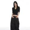 Women's Y2K Black V-Neck Drop Shoulder Short Sleeve Crop T-Shirt Summer Slim Fit Unique Casual Tee Tops Pro Choice Women Clothes