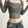 S512a1ad891ea4db797e1c910be6530b2e.webp Women's Off-Shoulder Long Sleeve Crop Top Solid Slash Neck Slim Mesh Tee Y2K Streetwear T-Shirt with Straps