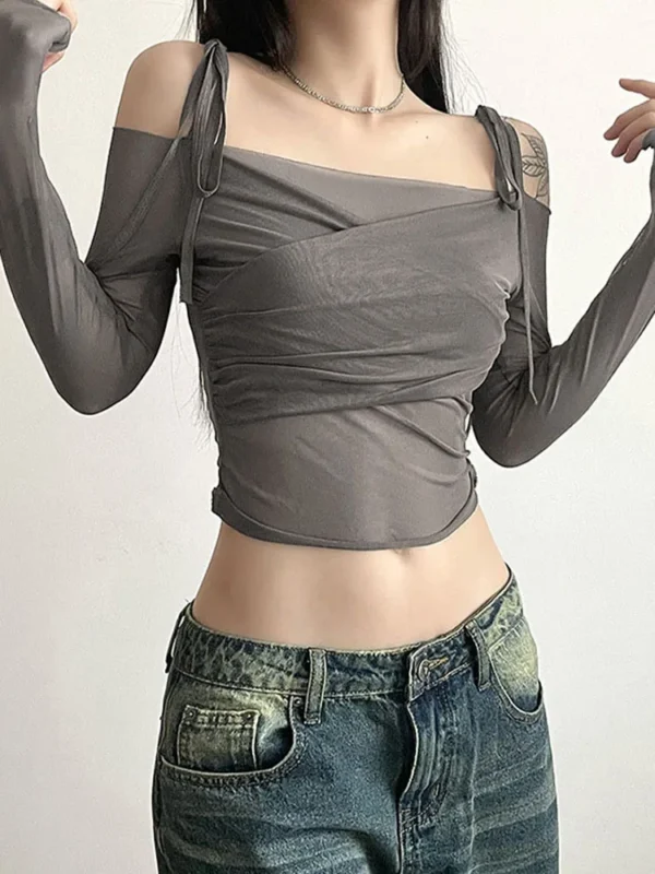 S512a1ad891ea4db797e1c910be6530b2e.webp Women's Off-Shoulder Long Sleeve Crop Top Solid Slash Neck Slim Mesh Tee Y2K Streetwear T-Shirt with Straps