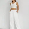 Women's Solid Color Loose Wide Leg Pants Casual Drawstring Straight Pants Pocket Casual Pants Trousers Loose High Waisted Pants