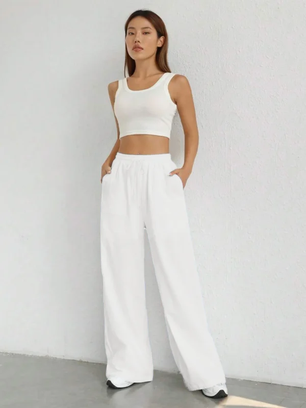 Women's Solid Color Loose Wide Leg Pants Casual Drawstring Straight Pants Pocket Casual Pants Trousers Loose High Waisted Pants