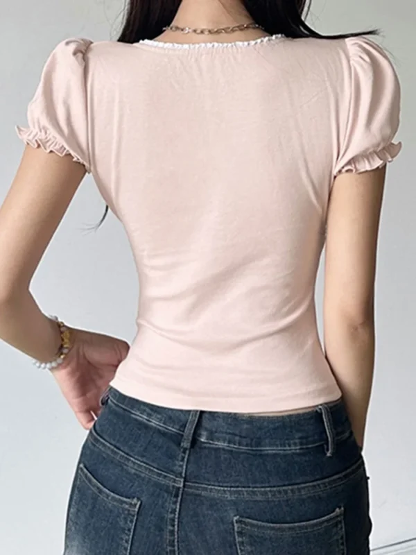 S52784a9c00e6495dba8b43fa919d10bbc.webp Sweet Button-up Top Women's Summer Cute Slim-fitting Contrast Lace Stitching Bow Square Collar T-shirts Y2K Korean Tees