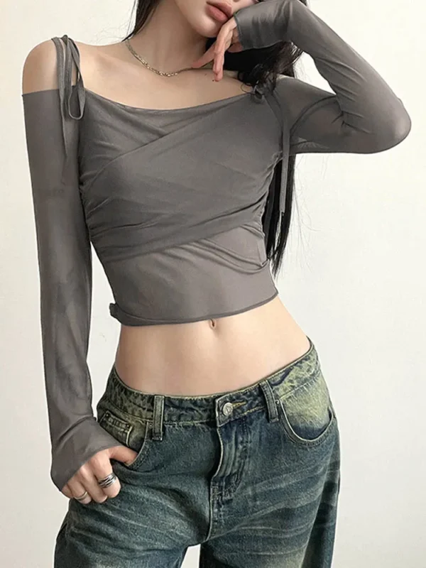 S53cb6c073c794dc89febd529a9d05080A.webp Women's Off-Shoulder Long Sleeve Crop Top Solid Slash Neck Slim Mesh Tee Y2K Streetwear T-Shirt with Straps