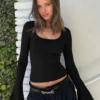 S541104b2729b4ca2909baf9309b97334h.webp Dulzura Square Collar Long Flare Sleeve Ruffles Patchwork T-Shirt Women'S Fashion Sexy Elegant Y2K Top Party Club Autumn Clothes